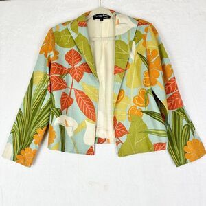 Painted Pony Vintage Linen Blend Blazer Jacket Size Small Artsy Tropical Floral